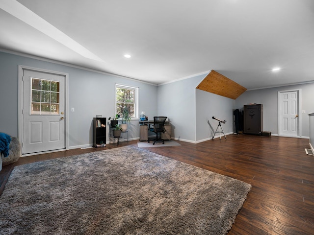 unfurnished office featuring dark hardwood / wood-style flooring and ornamental molding