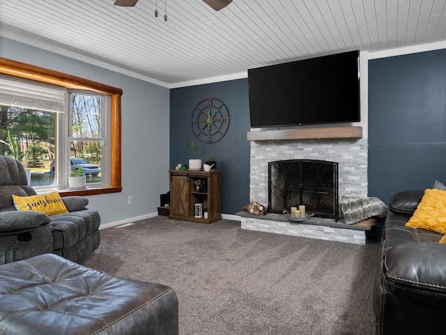 carpeted living room featuring crown molding, a fireplace, and wood ceiling