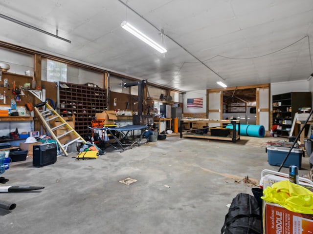 garage with a workshop area