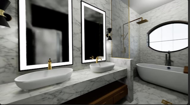 bathroom featuring a washtub, vanity, and tile walls