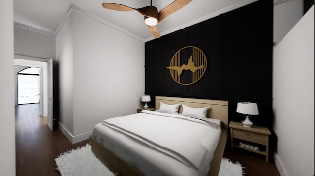 bedroom with ceiling fan, dark hardwood / wood-style floors, and ornamental molding