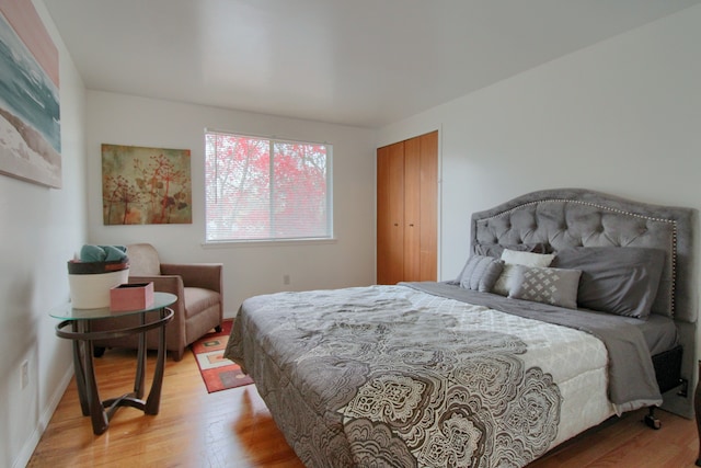 bedroom with a closet and light hardwood / wood-style flooring