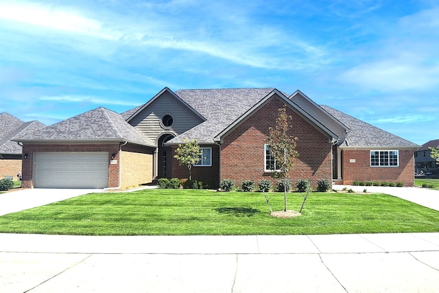 single story home featuring an attached garage, brick siding, concrete driveway, roof with shingles, and a front lawn