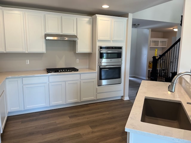 kitchen featuring under cabinet range hood, appliances with stainless steel finishes, white cabinetry, and a sink