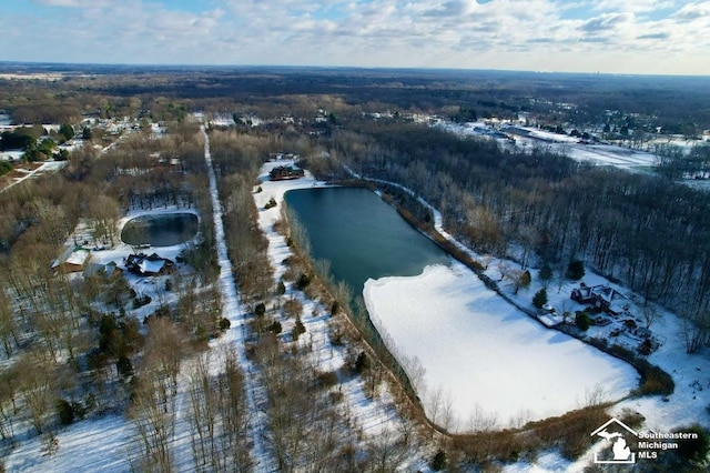 snowy aerial view with a water view