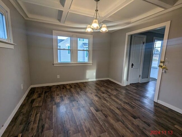 unfurnished dining area with plenty of natural light, dark hardwood / wood-style floors, and coffered ceiling