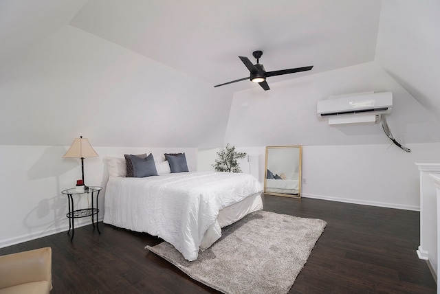 bedroom featuring dark hardwood / wood-style floors, a wall mounted AC, lofted ceiling, and ceiling fan