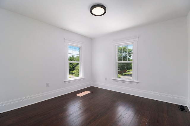 unfurnished room featuring plenty of natural light and dark wood-type flooring