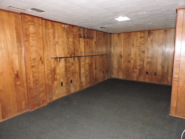 basement with wood walls and dark colored carpet