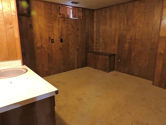 basement with carpet floors, sink, and wooden walls