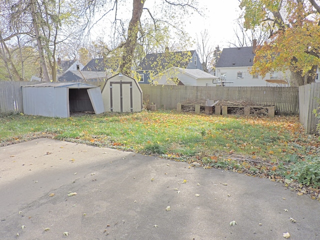 view of yard featuring a storage unit