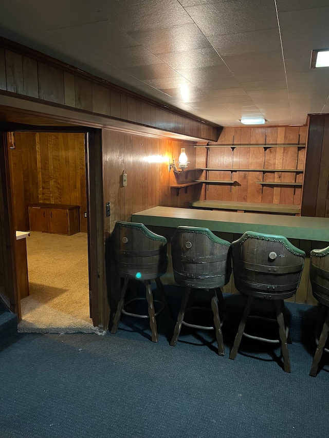 bar featuring wood walls and carpet