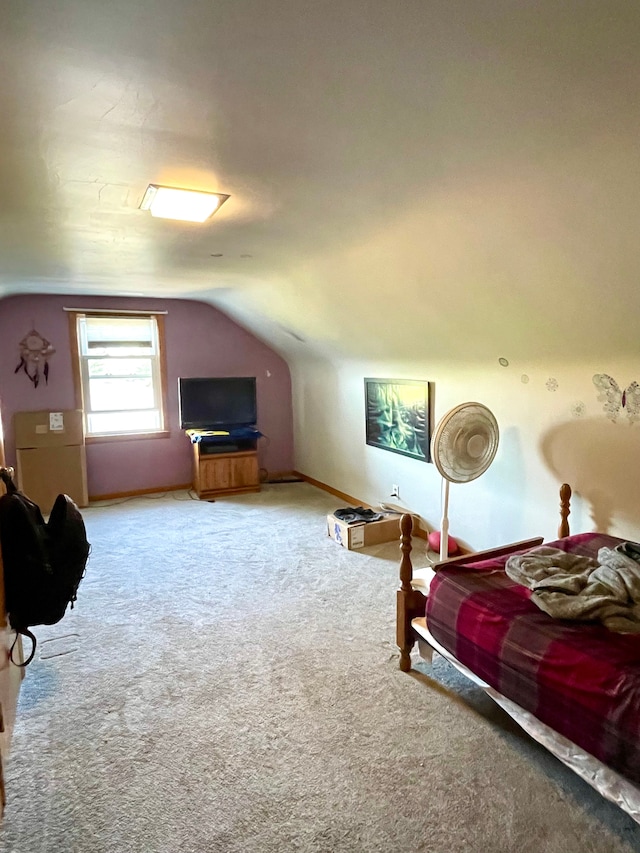 bedroom featuring carpet flooring and vaulted ceiling