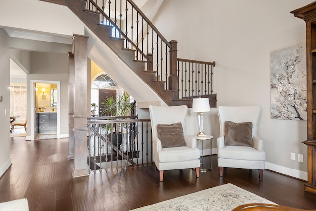 living area with high vaulted ceiling and dark hardwood / wood-style floors