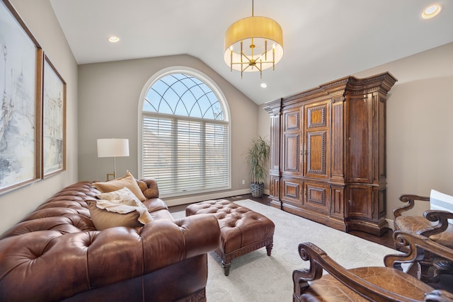 living room with carpet flooring and vaulted ceiling