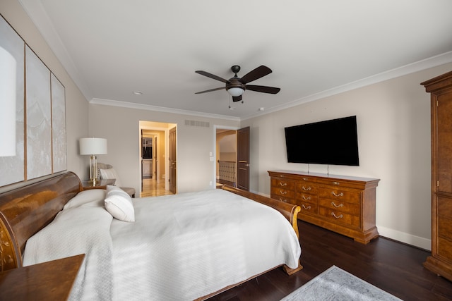 bedroom with crown molding, ceiling fan, and dark wood-type flooring