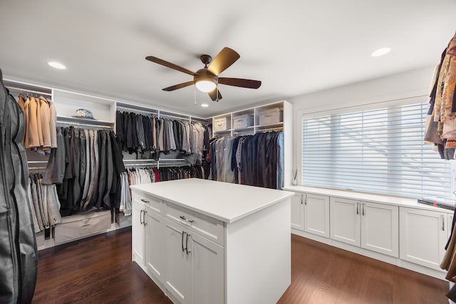 walk in closet featuring dark hardwood / wood-style floors and ceiling fan