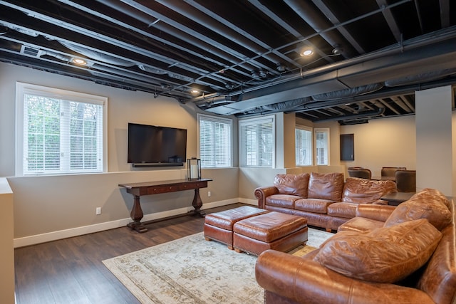 living room with dark hardwood / wood-style floors