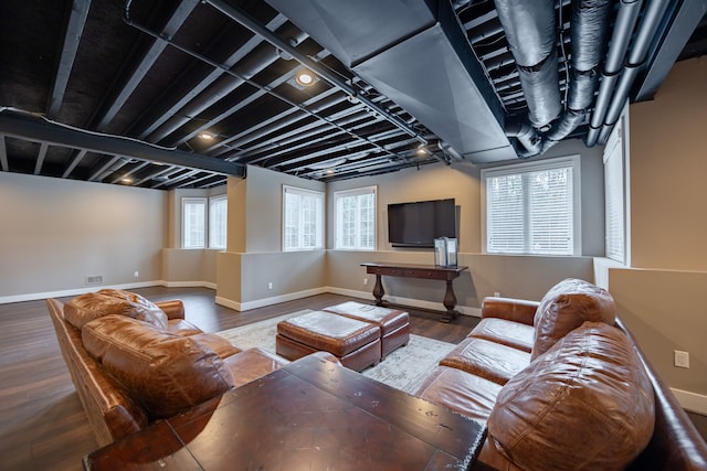 living room with wood-type flooring and a healthy amount of sunlight