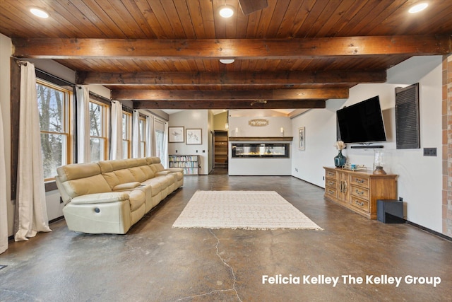 living room with beam ceiling and wooden ceiling