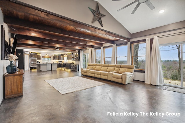 living room with lofted ceiling with beams, ceiling fan, and wood ceiling