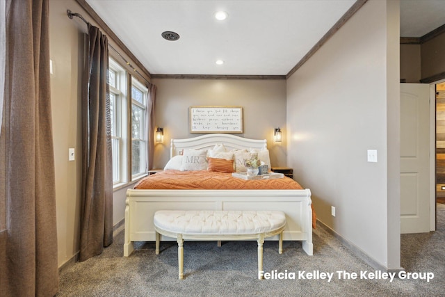 bedroom featuring carpet floors and ornamental molding