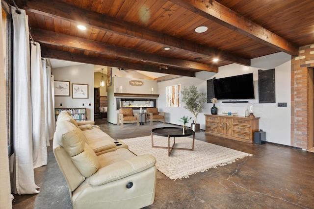 living room with beamed ceiling and wooden ceiling