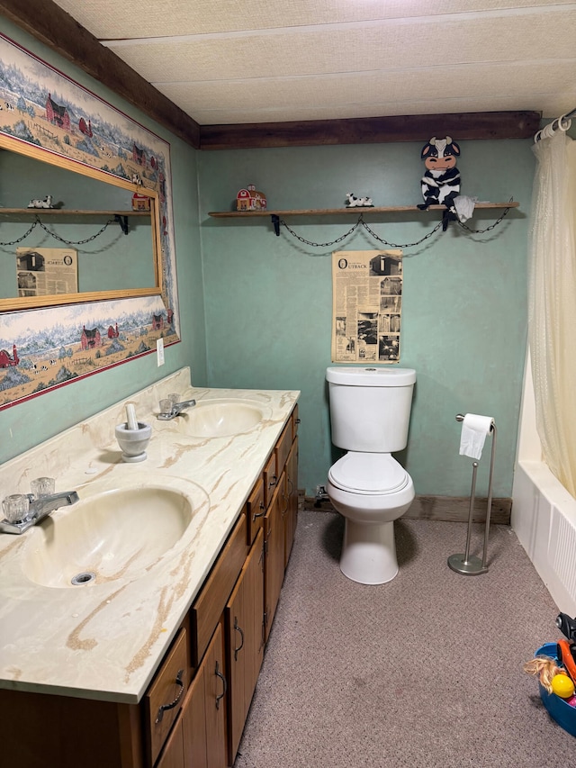 full bathroom with vanity, toilet, and shower / bathtub combination with curtain