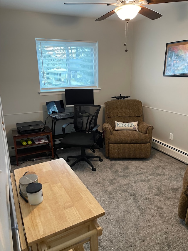 carpeted office featuring ceiling fan and baseboard heating