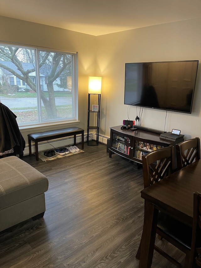 living room with dark wood-type flooring and a baseboard radiator