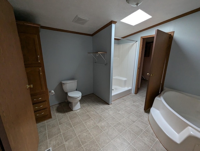 bathroom with tile patterned flooring, toilet, ornamental molding, and independent shower and bath