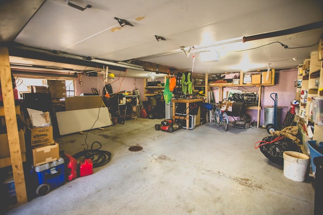 garage with a workshop area