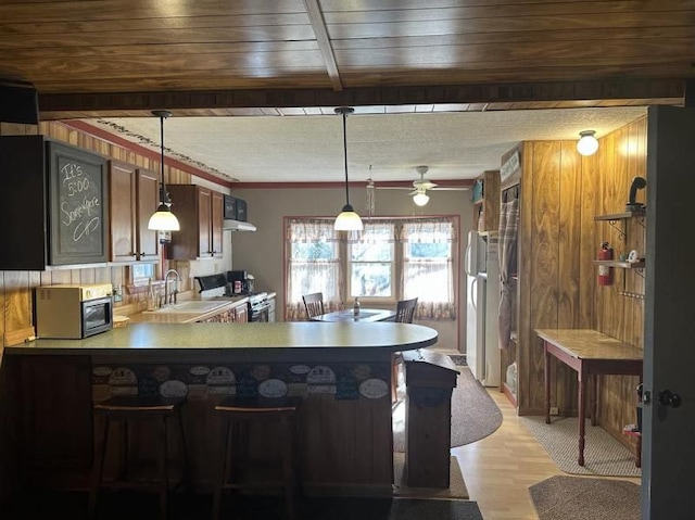 2965 Pointe Aux Barques Rd, Port Austin, MI 48467 - kitchen with appliances with stainless steel finishes, a sink, a peninsula, wooden walls, and decorative light fixtures