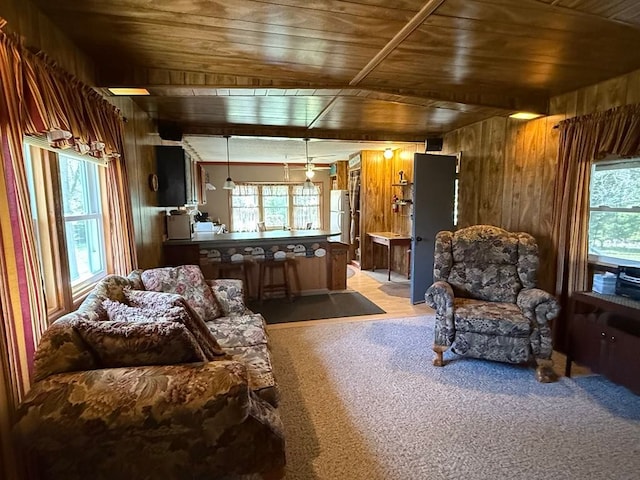 2965 Pointe Aux Barques Rd, Port Austin, MI 48467 - living room with wood ceiling, plenty of natural light, wood walls, and light carpet