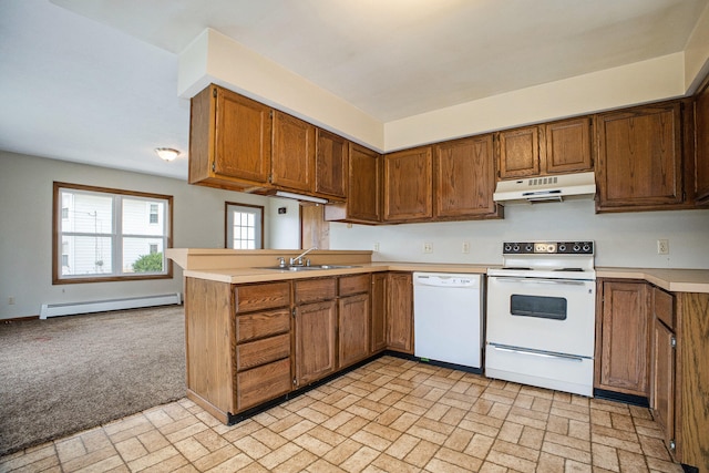 kitchen with sink, baseboard heating, kitchen peninsula, white appliances, and light carpet