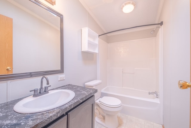 full bathroom featuring vanity, toilet, shower / bath combination, and crown molding