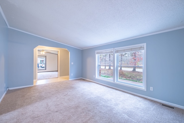 carpeted empty room featuring ceiling fan, crown molding, lofted ceiling, and a textured ceiling