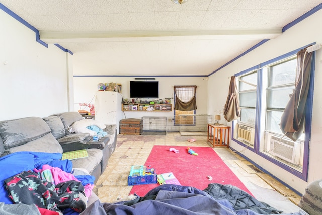 living room with beam ceiling and cooling unit