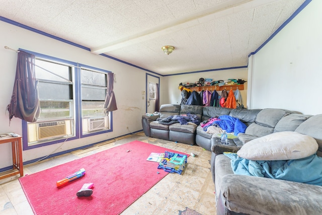 living room with cooling unit, beamed ceiling, and a textured ceiling