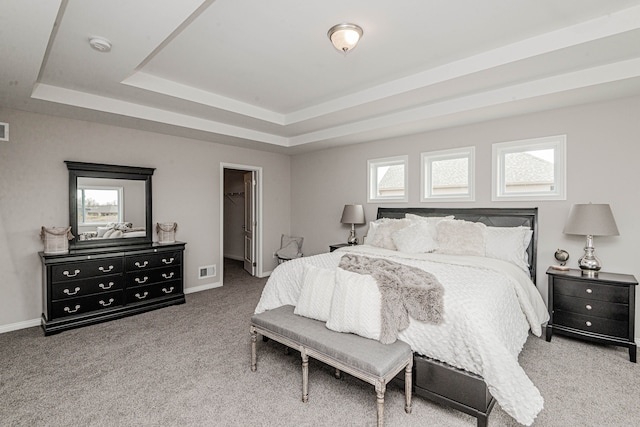 carpeted bedroom with a closet, a tray ceiling, multiple windows, and a spacious closet