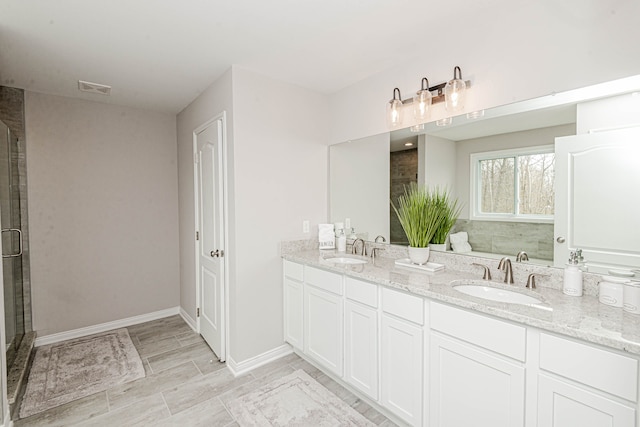 bathroom featuring vanity and a shower with door