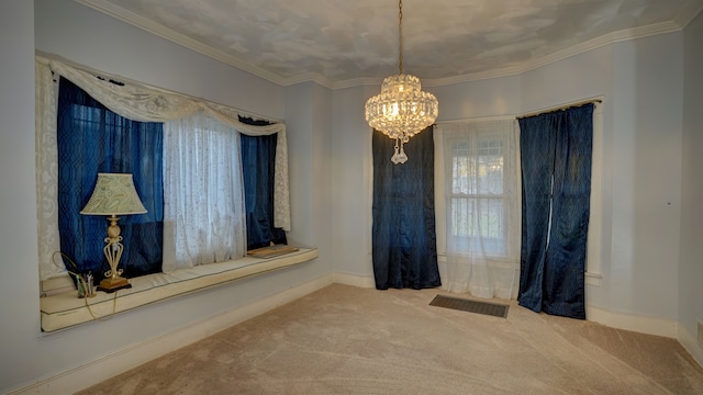 empty room with visible vents, carpet flooring, and ornamental molding