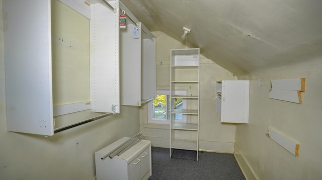 interior space with vaulted ceiling and dark colored carpet