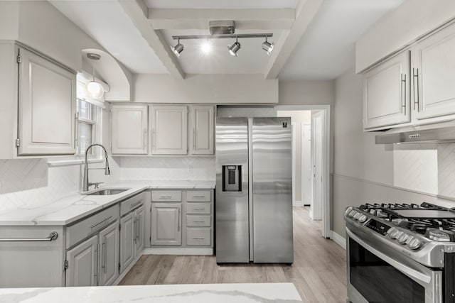 kitchen with backsplash, light wood-type flooring, sink, and appliances with stainless steel finishes