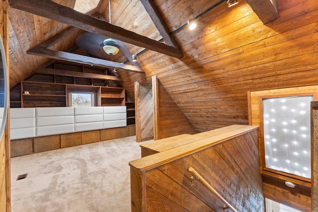 bonus room featuring wooden ceiling, carpet floors, lofted ceiling with beams, and wood walls