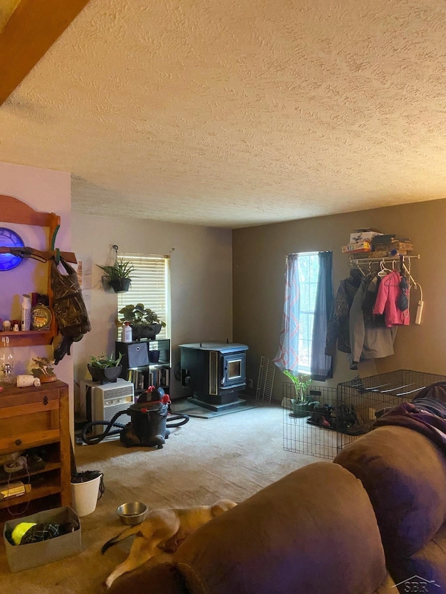 carpeted living room featuring a wood stove and a textured ceiling