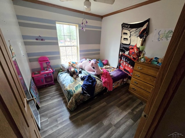 bedroom with ceiling fan, crown molding, and dark wood-type flooring