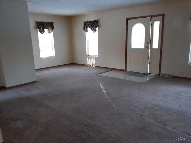 entryway with carpet floors and a textured ceiling