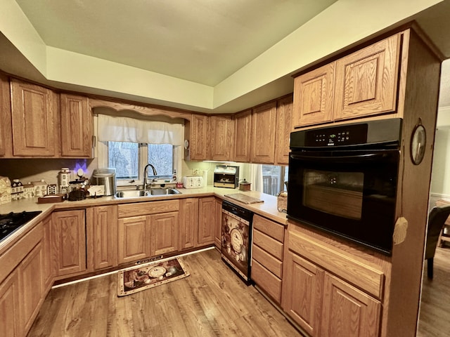 kitchen with light wood-type flooring, black appliances, and sink