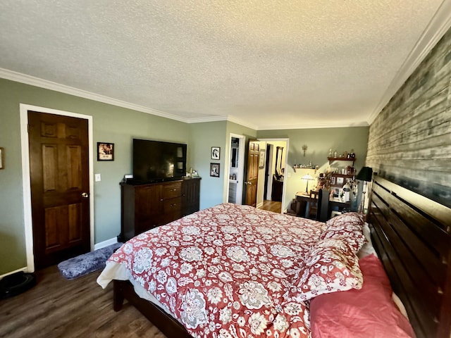 bedroom with ornamental molding, a textured ceiling, and dark wood-type flooring